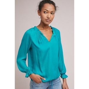Dolan Left Coast Paulina Ruffle Neck Top Women's Size XS Blue V-Neck Cinched Hem